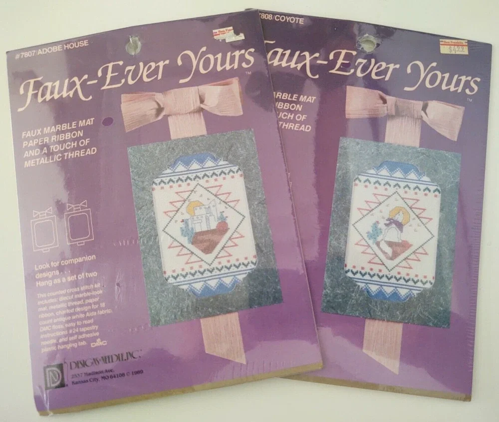 2 Southwest Cross Stitch Kit Coyote & Adobe House includes Mats 5x7